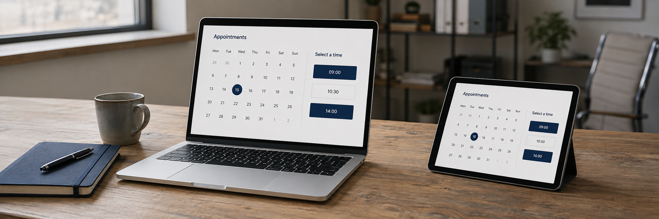 Illustrative appointment-booking interface on a laptop and tablet in a naturally lit workspace