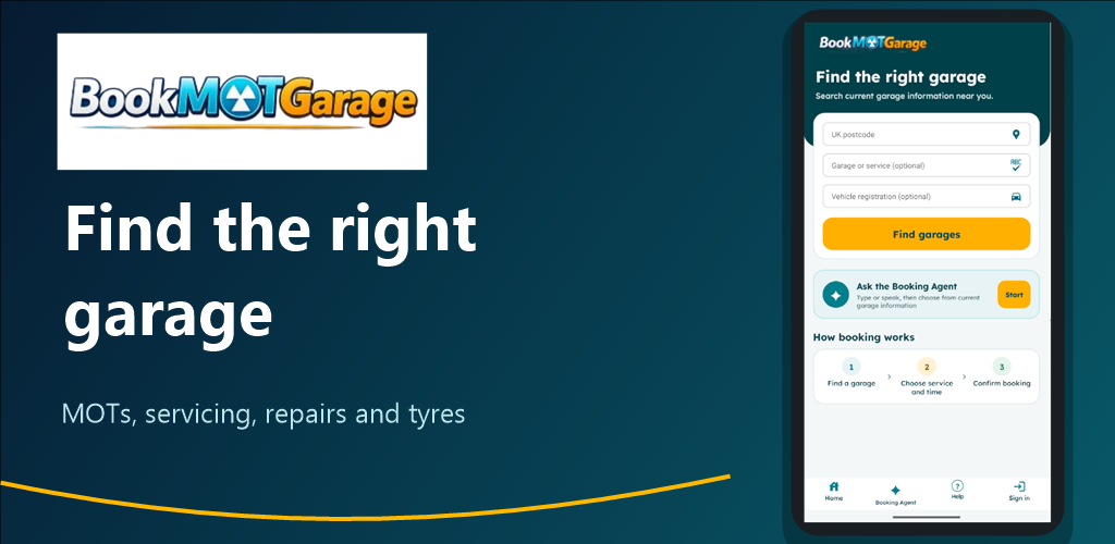 BookMOTGarage driver app showing garage search and the Booking Agent entry point